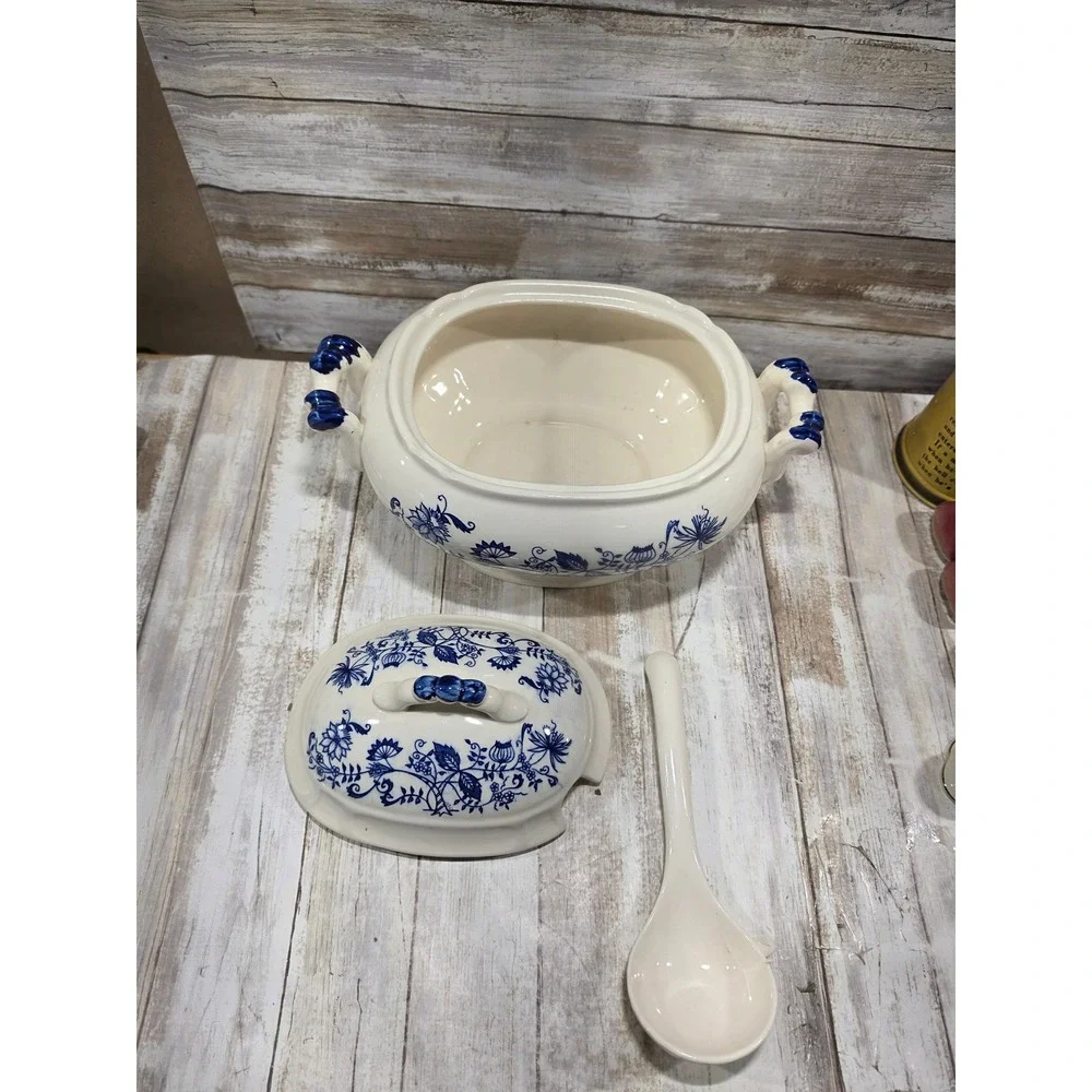 Vintage Blue Onion Ceramic Soup Tureen with Lid and Ladle Blue White Floral READ